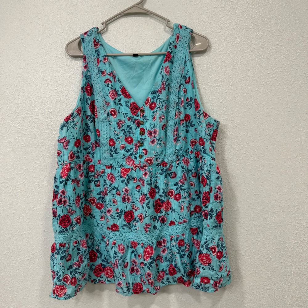 Torrid Turquoise Blue Red Floral Butterfly Lace Trim Babydoll Top Plus Size 2